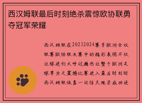 西汉姆联最后时刻绝杀震惊欧协联勇夺冠军荣耀 西汉姆联最后时刻绝杀震惊欧协联勇夺冠军荣耀