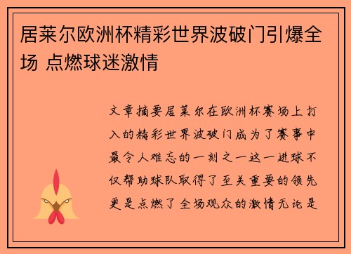 居莱尔欧洲杯精彩世界波破门引爆全场 点燃球迷激情
